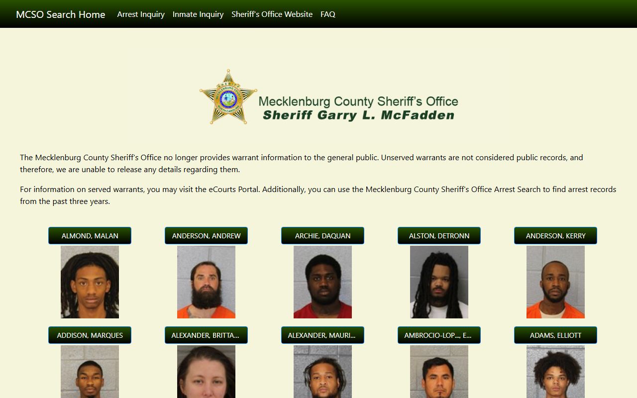 Mecklenburg County Sheriff's Office Charlotte recent arrests inmate search