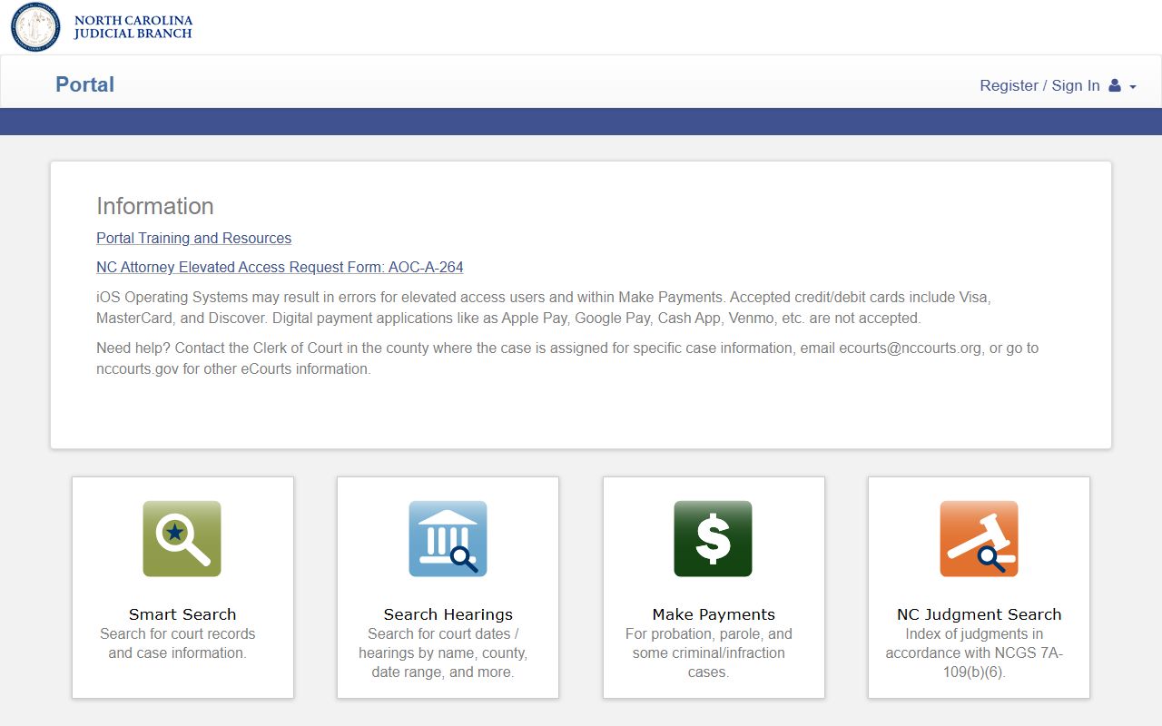 North Carolina eCourts Portal smart search interface for recent arrests