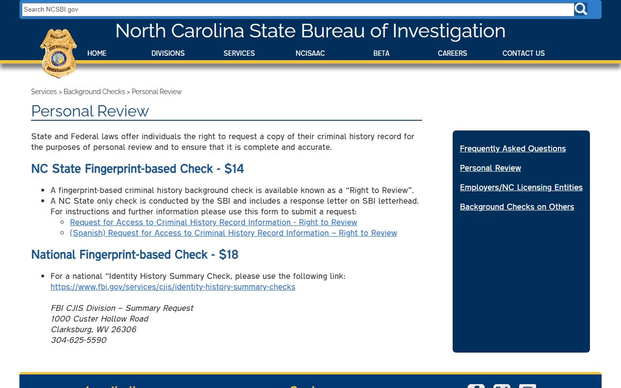 North Carolina SBI personal review process for arrest records
